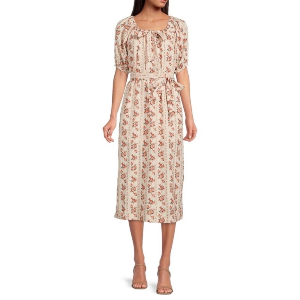 Floral Print Midi Dress in Cream with Belt
